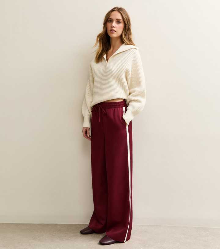 Burgundy Side Stripe Wide Leg Trousers
