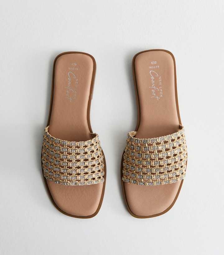 Wide Fit Off White Woven Mule Sandals