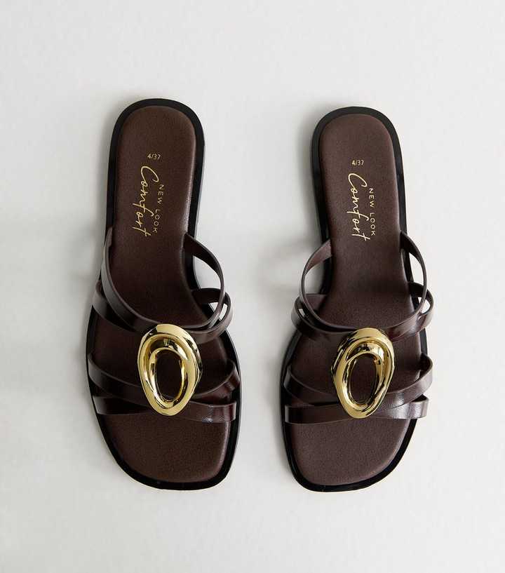 Dark Brown Gold Abstract Buckle Mule Sandals