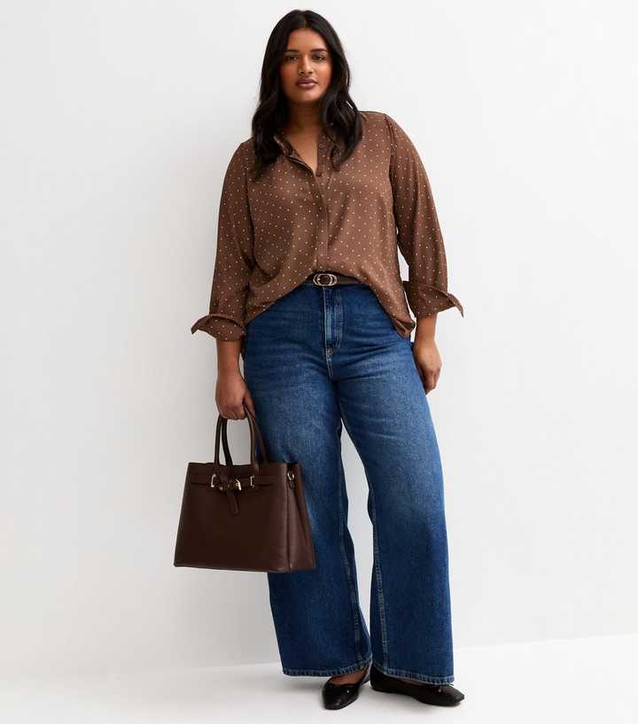 Curves Brown Polka Dot Gold Button Shirt