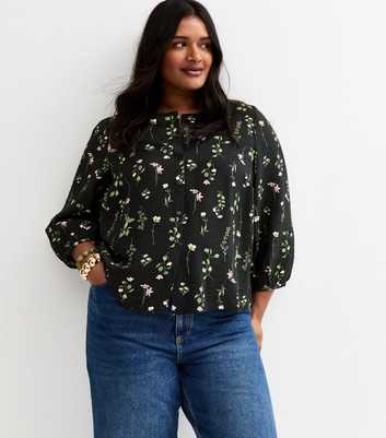 Curves Black Ditsy Floral 3/4 Length Sleeve Blouse