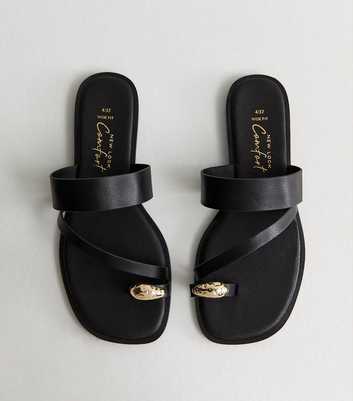 Wide Fit Black Faux Leather Metal Toe Ring Mules
