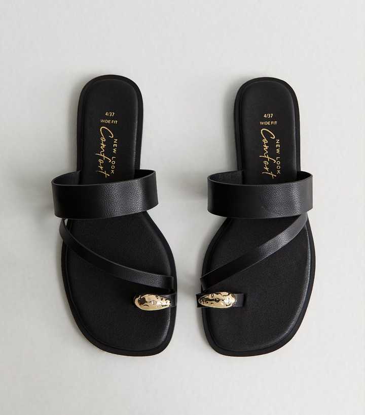 Wide Fit Black Faux Leather Metal Toe Ring Mules