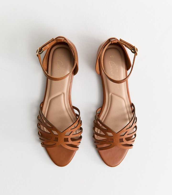Tan Faux Leather Cut Out Strap Flat Sandals