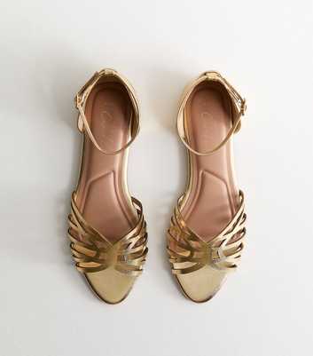 Gold Faux Leather Cut Out Strap Flat Sandals