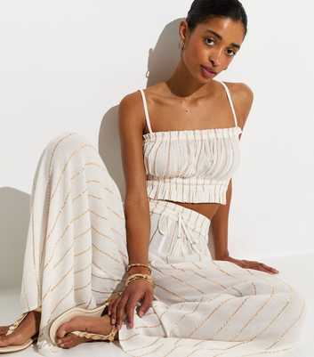 White Metallic Striped Shirred Crop Top