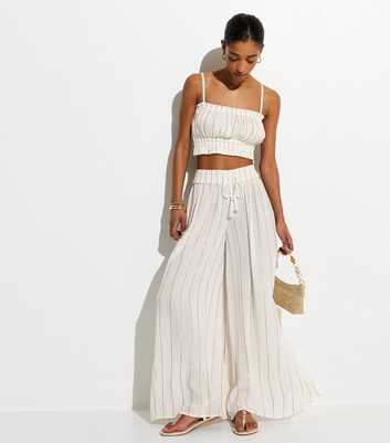 White Striped Pattern Shirred Wide Leg Trousers