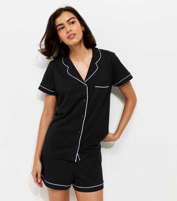 Black Revere Collar Short Sleeve Top and Shorts Pyjama Set