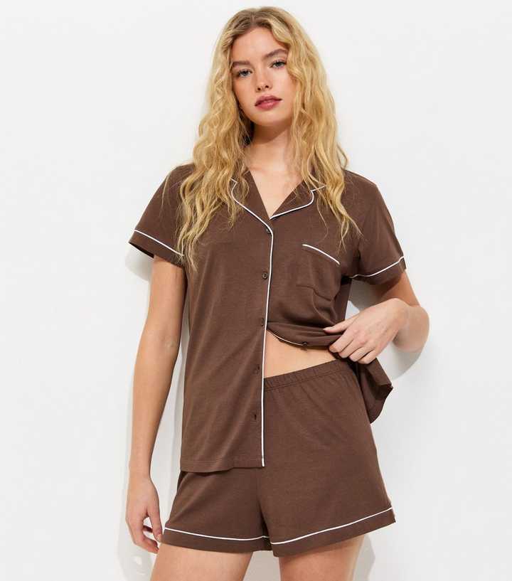Dark Brown Revere Collar Short Sleeve Top and Shorts Pyjama Set