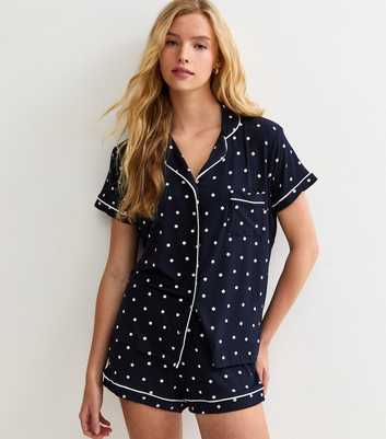Navy Jersey Polka Dot Shirt and Shorts Pyjama Set