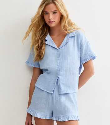 Light Blue Crinkled Cotton Shirt and Shorts Pyjama Set