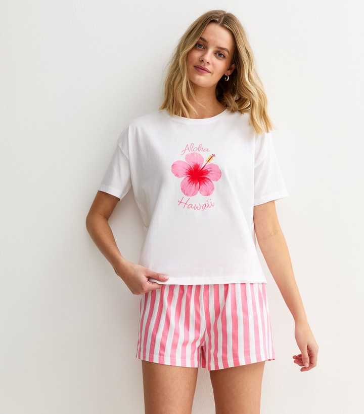 White Hibiscus Print T-Shirt and Striped Shorts Pyjama Set