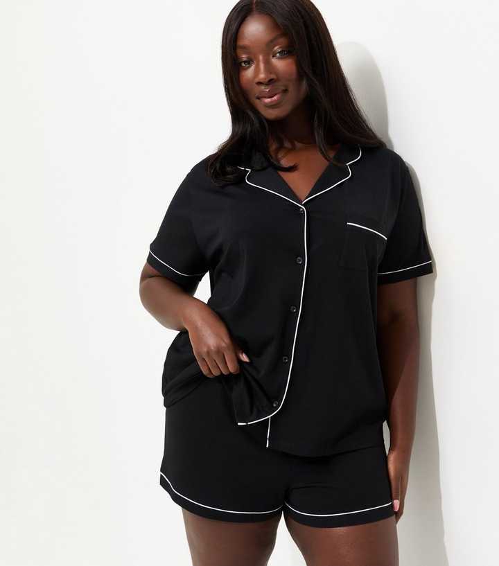 Curves Black Jersey Revere Collar Pyjama Shorts Set