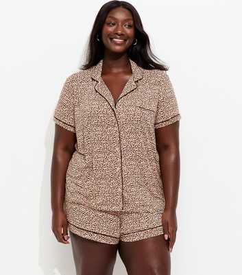 Curves Brown Leopard Print Revere Collar Pyjama Shorts Set