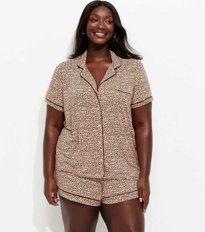 Curves Brown Leopard Print Revere Collar Pyjama Shorts Set