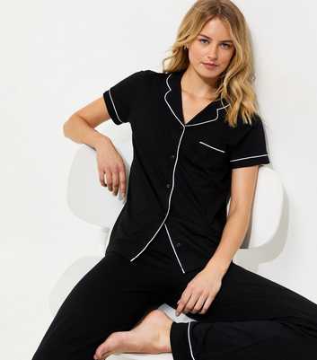 Tall Black Jersey Revere Collar Pyjama Set