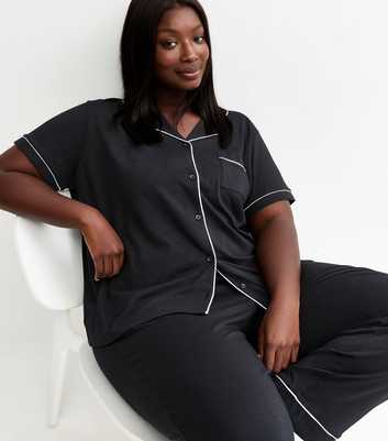 Curves Black Jersey Revere Collar Pyjama Set
