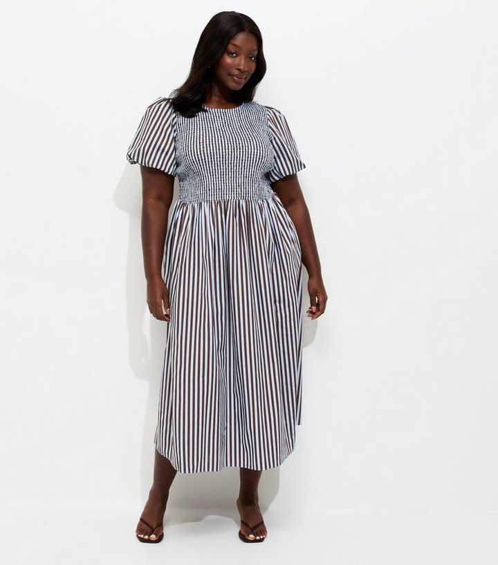 Curves Brown and Blue Stripe Shirred Midi Dress
