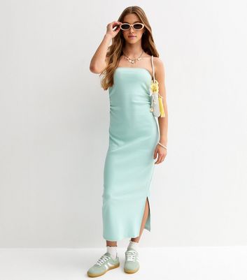 Girls Turquoise Ribbed Jersey Bandeau Maxi Dress