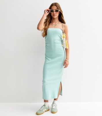 Girls Turquoise Ribbed Jersey Bandeau Maxi Dress