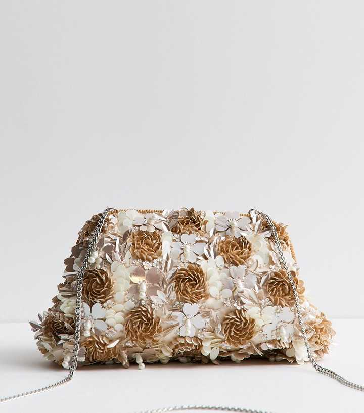 Brown Bead and Sequin Flower Shoulder Bag