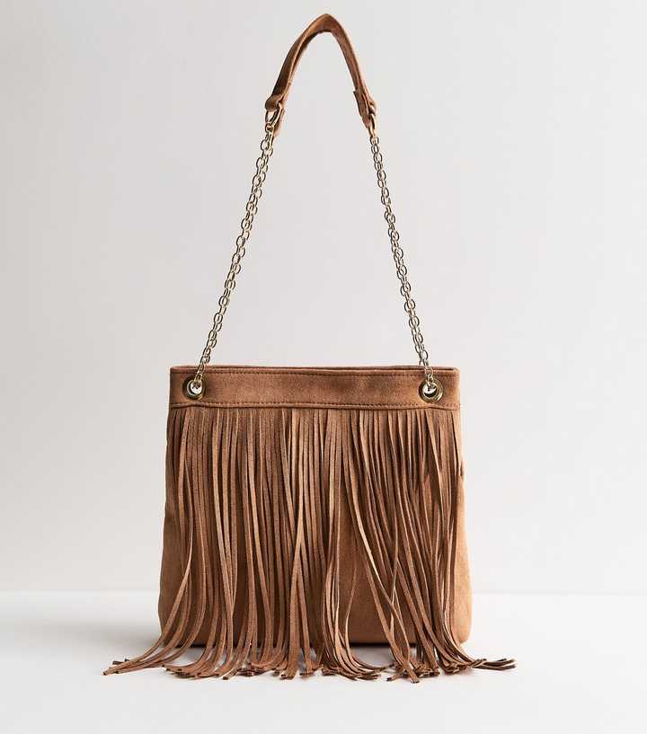 Tan Faux Suede Fringed Chain Shoulder Bag