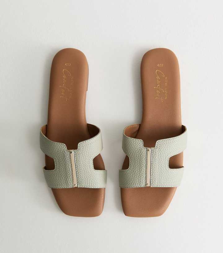 Mint Green Grained Faux Leather Metal Bar Mule Sandals
