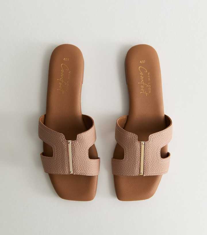 Pink Grained Faux Leather Metal Bar Mule Sandals