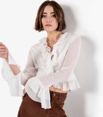 Apricot White Ruffle Tie Crop Top