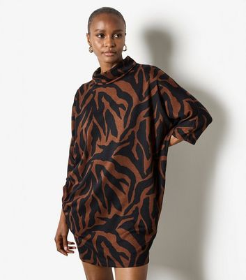 acka♡ sherr tweed cocoon dress Apricot Brown Zebra High Neck Cocoon Dress | New Look