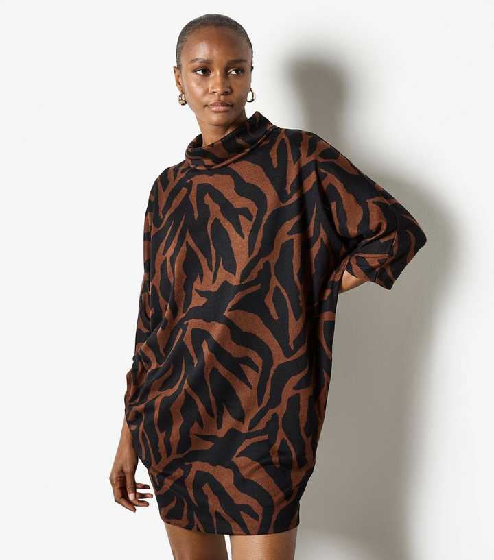 Apricot Brown Zebra High Neck Cocoon Dress