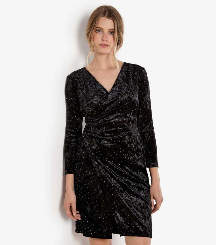 Apricot Black Velvet Diamante Wrap Mini Dress