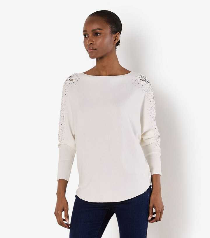 Apricot White Lace Stud Arm Batwing Jumper