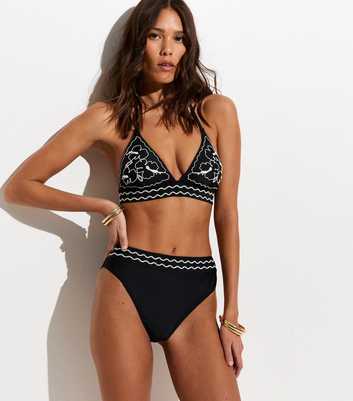 Black Tummy Control High Waist Embroidered Trim Bikini Bottoms
