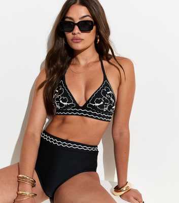 Black Wavy Trim High Waist Bikini Bottoms