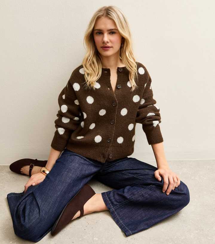 Brown Polka Dot Crew Neck Cardigan