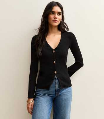 Black Textured Button Through Long Sleeve Top