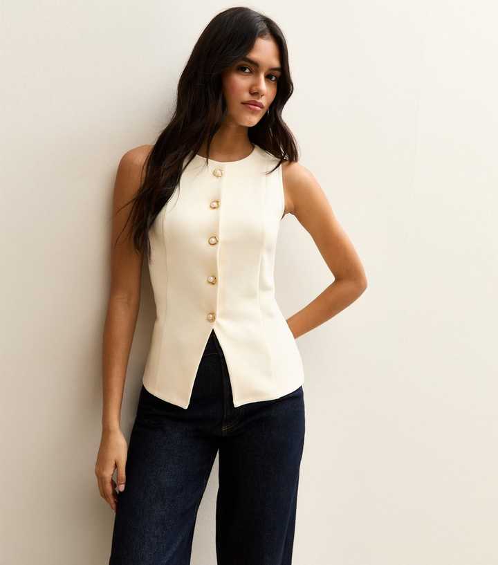 Off White Crew Faux Pearl Button Waistcoat