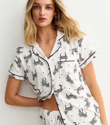 White Zebra Print Revere Collar Shirt and Shorts Pyjama Set