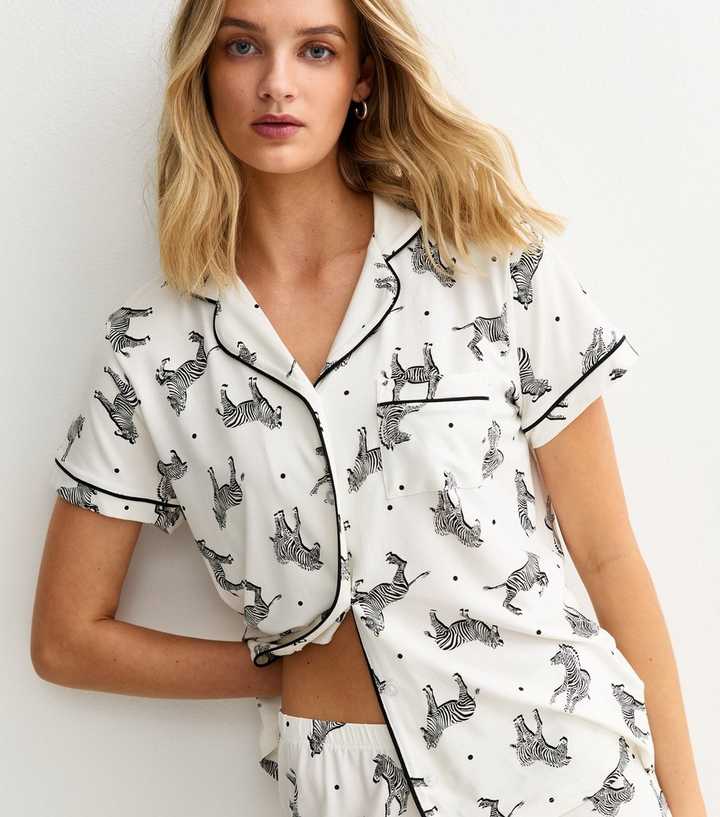 White Zebra Print Revere Collar Shirt and Shorts Pyjama Set