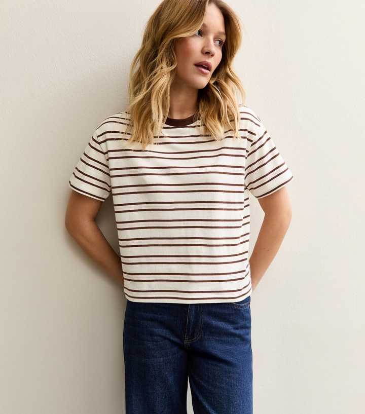 Brown Cotton Striped Boxy T-Shirt