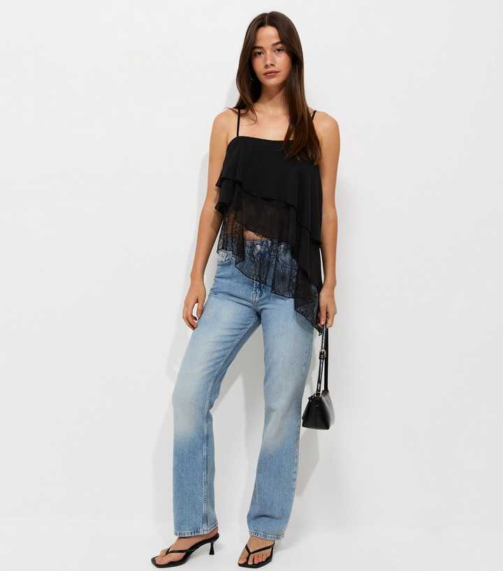 Black Lace Asymmetric Tiered Cami Top