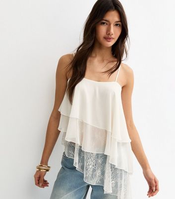 Off White Lace Asymmetric Tiered Cami Top | New Look