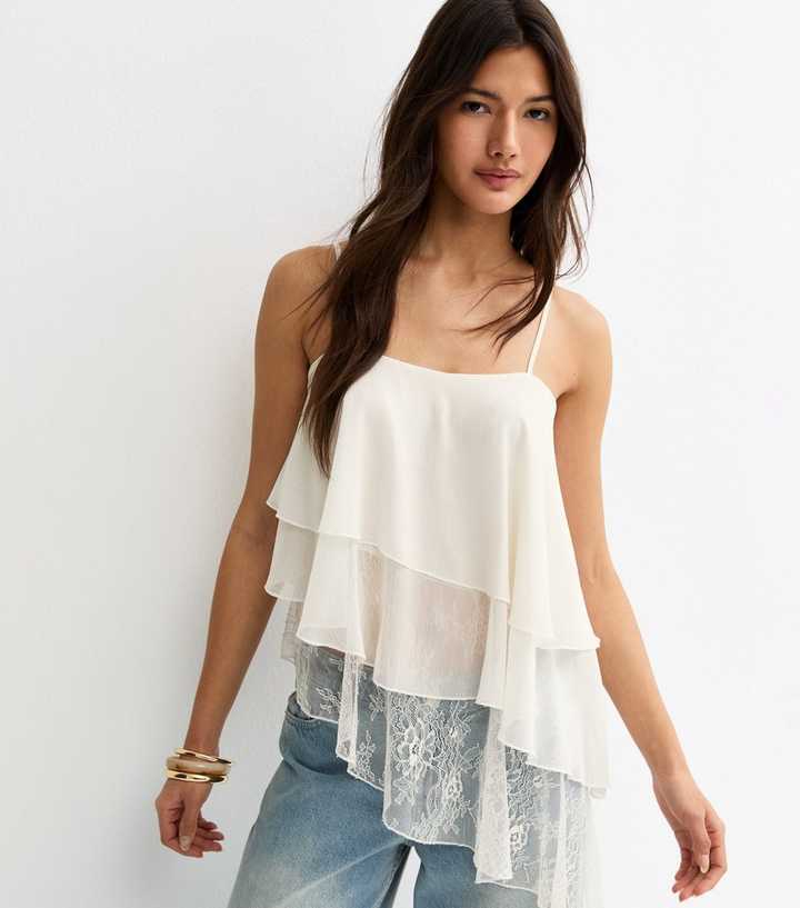 Off White Lace Asymmetric Tiered Cami Top