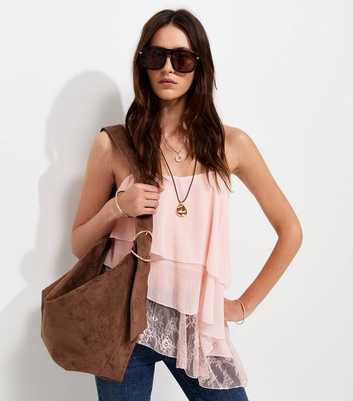 Pale Pink Lace Asymmetric Tiered Cami Top