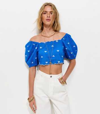 Bright Blue Flower Print Scalloped Edge Crop Top