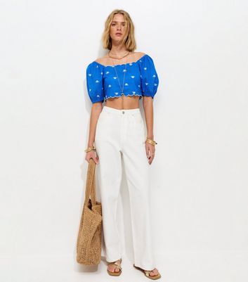 Bright Blue Flower Print Scalloped Edge Crop Top | New Look