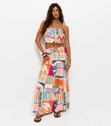 Multicolour Crepe Tropical Print Tiered Midi Skirt