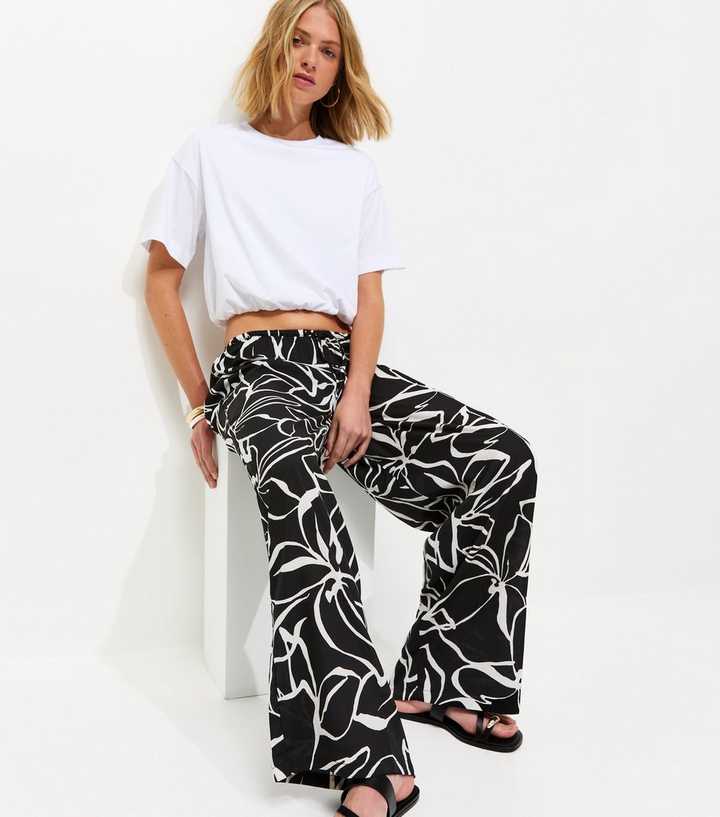 Black Crepe Sketch Floral Wide Leg Trousers