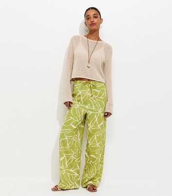 Green Crepe Sketch Floral Print Wide Leg Trousers